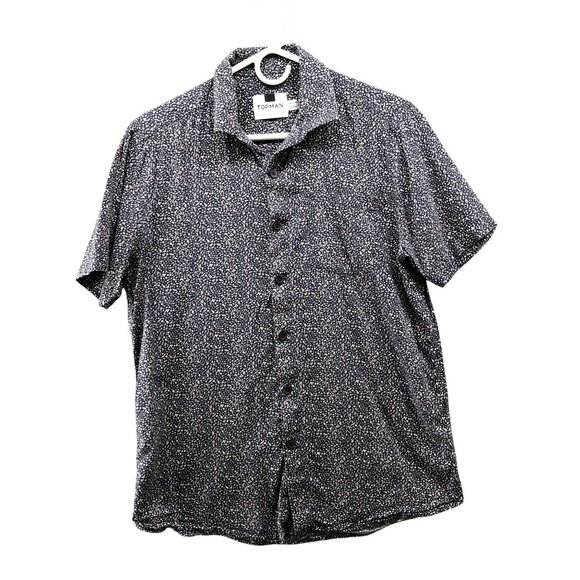 Topman Short Sleeve Shirt Mens M Blue Pink Printed Dot Button Up Resort Rayon - Picture 1 of 9